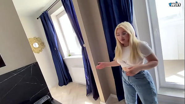 Young blonde with glasses rides cock. Amateur couple