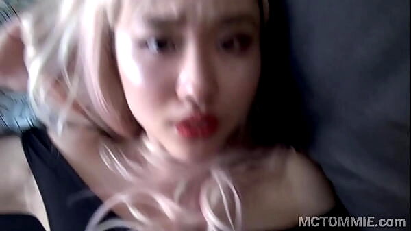 Beautiful Asian 18yo teen fucks in a pink wig and in a leotard and gets a big facial